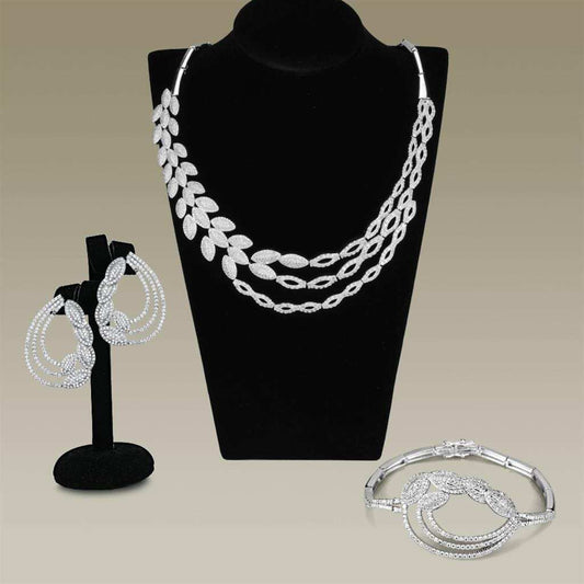 3W922 - Rhodium Brass Jewelry Sets with AAA Grade CZ in Clear - Alamode - Flyclothing LLC