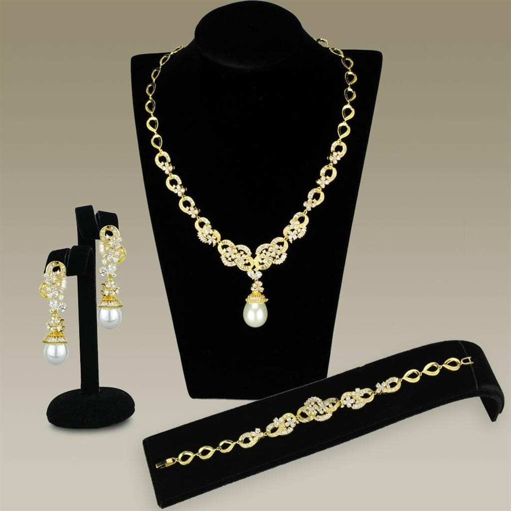 3W945 - Gold Brass Jewelry Sets with AAA Grade CZ in Clear - Alamode - Flyclothing LLC