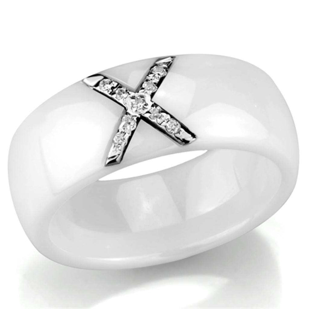 3W948 - High polished (no plating) Stainless Steel Ring with Ceramic in White - Alamode - Flyclothing LLC