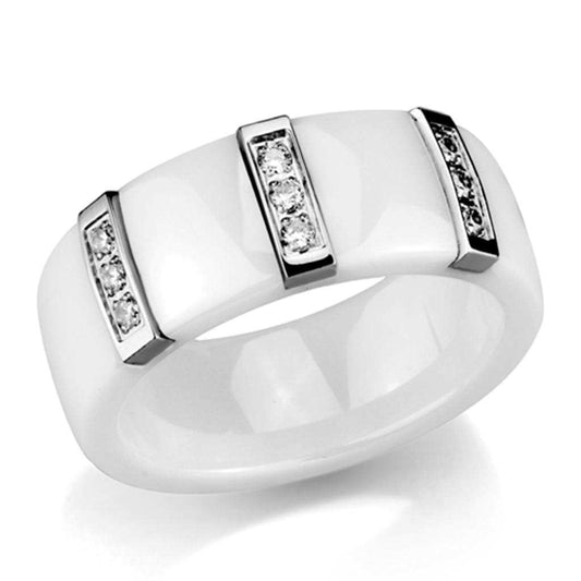 3W957 - High polished (no plating) Stainless Steel Ring with Ceramic in White - Alamode - Flyclothing LLC