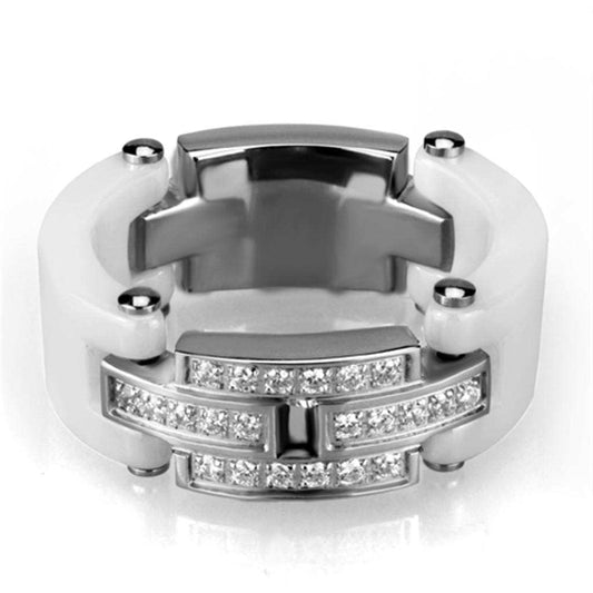 3W977 - High polished (no plating) Stainless Steel Ring with Ceramic in White - Alamode - Flyclothing LLC