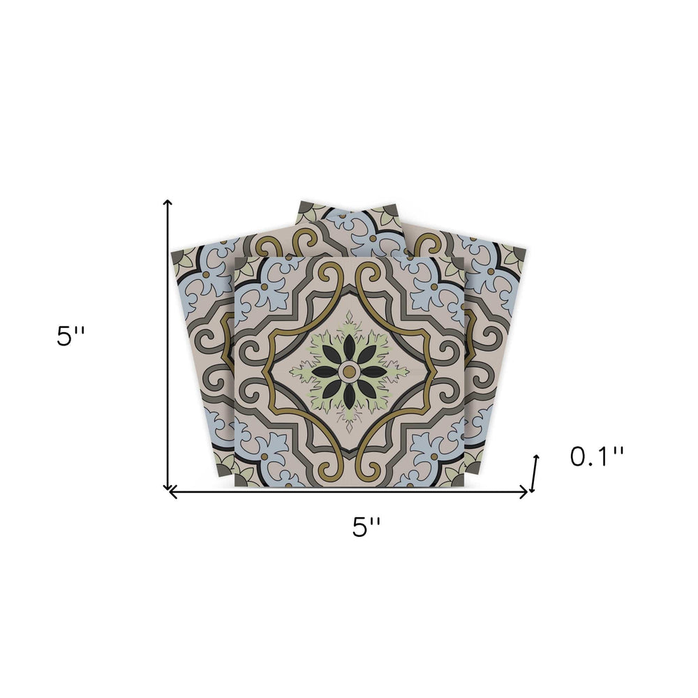 5" X 5" Taupe and Blue Scroll Peel and Stick Tiles - Homeroots - Flyclothing LLC