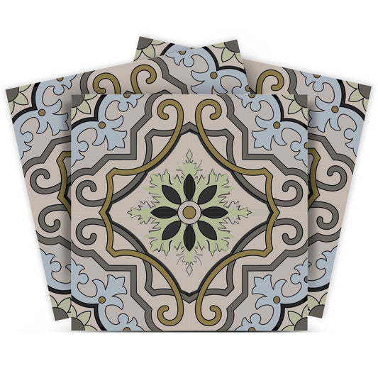 6" X 6" Taupe and Blue Scroll Peel and Stick Tiles - Homeroots