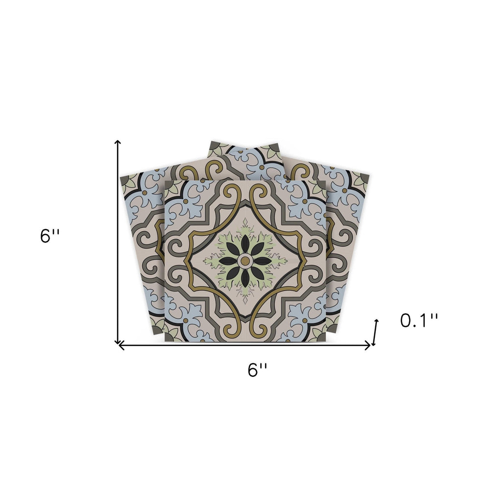 6" X 6" Taupe and Blue Scroll Peel and Stick Tiles - Homeroots - Flyclothing LLC