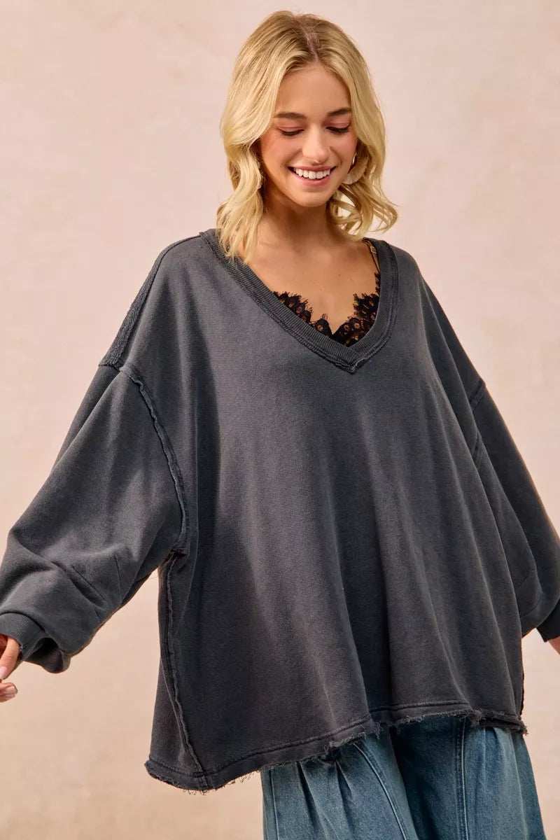 BiBi Mineral Washed French Terry Oversized Sweatshirt - Trendsi - Flyclothing LLC
