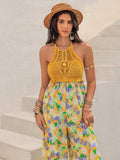 Openwork Halter Neck Floral Wide Leg Jumpsuit - Trendsi - Flyclothing LLC