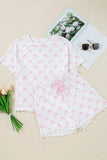 Bow Print Lettuce Trim Round Neck Top and Shorts Lounge Set - Trendsi - Flyclothing LLC