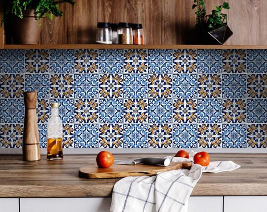 4" X 4" Blue White Golden Peel And Stick Tiles - Homeroots