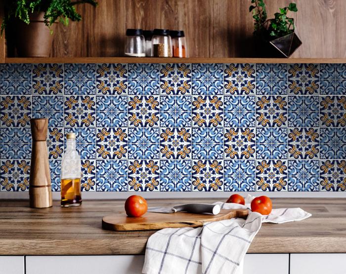 8" X 8" Blue White Golden Peel and Stick Tiles - Homeroots - Flyclothing LLC