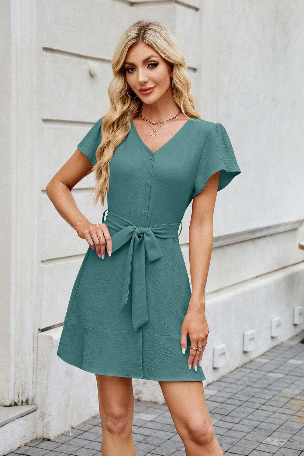 Tied Button Up Short Sleeve Mini Shirt Dress - Trendsi - Flyclothing LLC