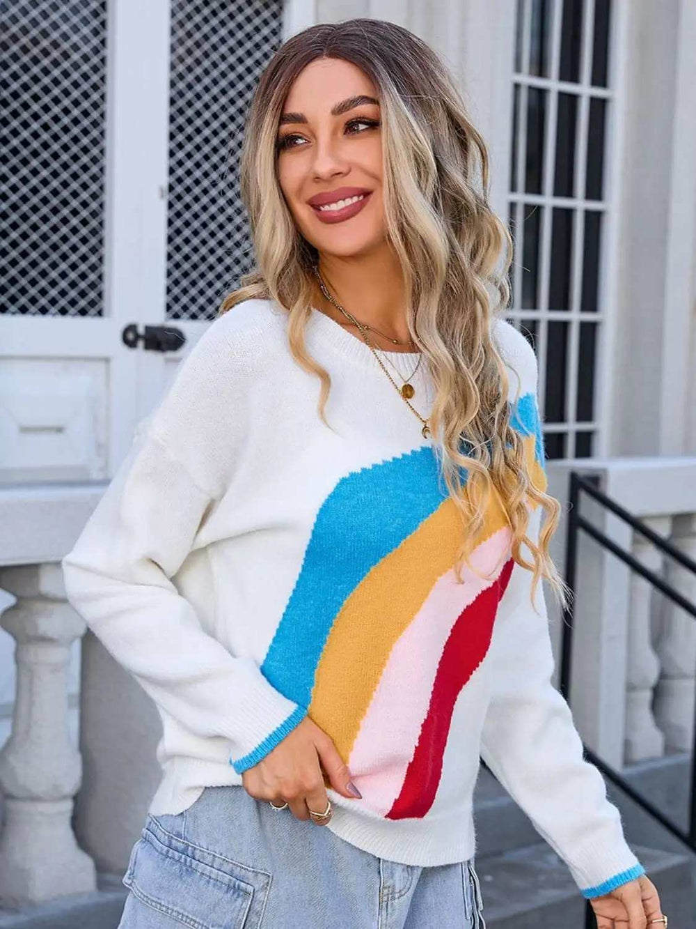 Rainbow Round Neck Long Sleeve Sweater - Trendsi - Flyclothing LLC