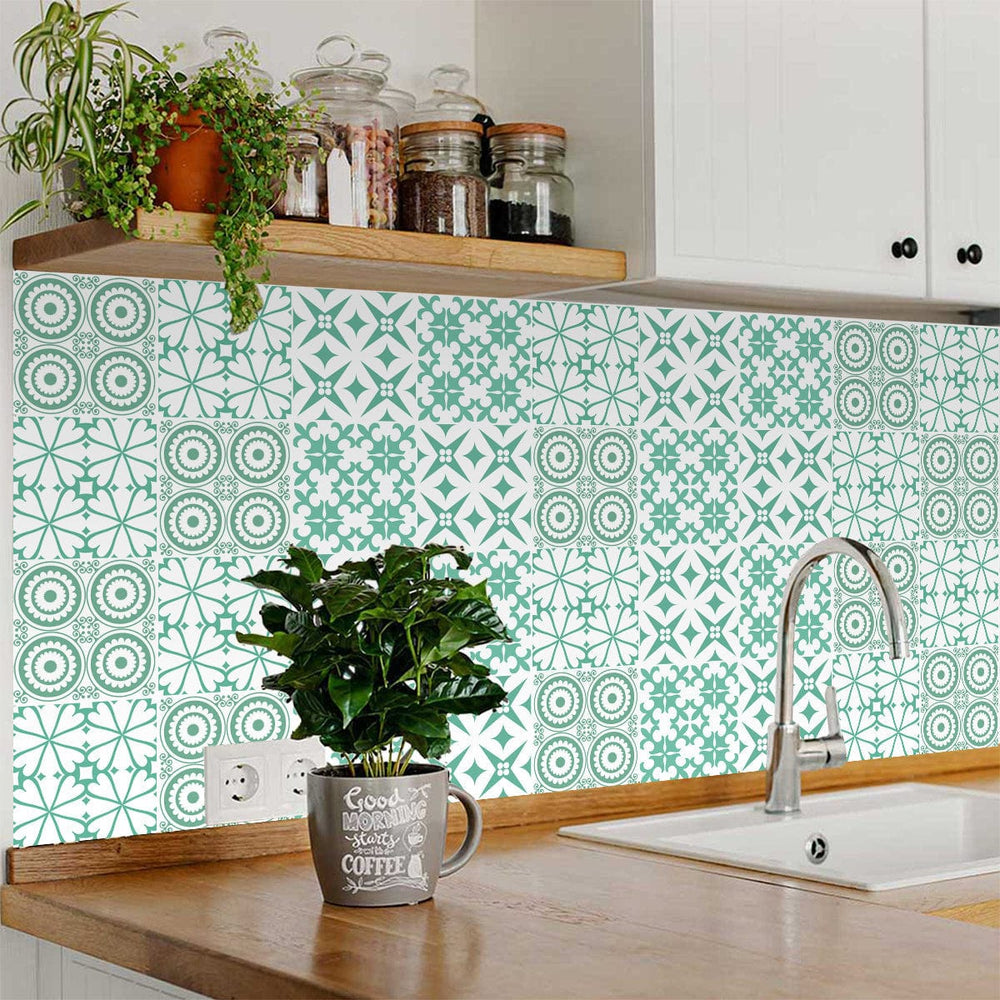 4" x 4" Light Green And White Geo Peel and Stick Removable Tiles - Homeroots
