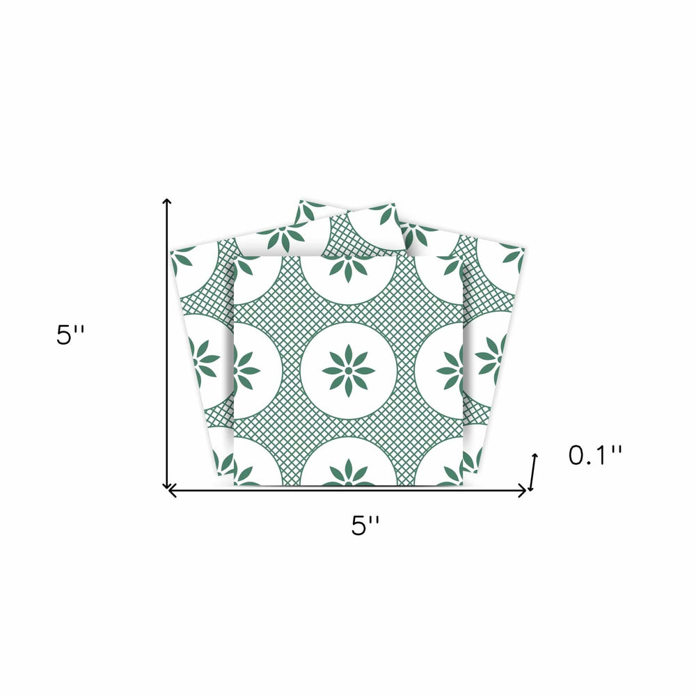 5" x 5" Light Sage And White Circle Flower Peel and Stick Removable Tiles - Homeroots