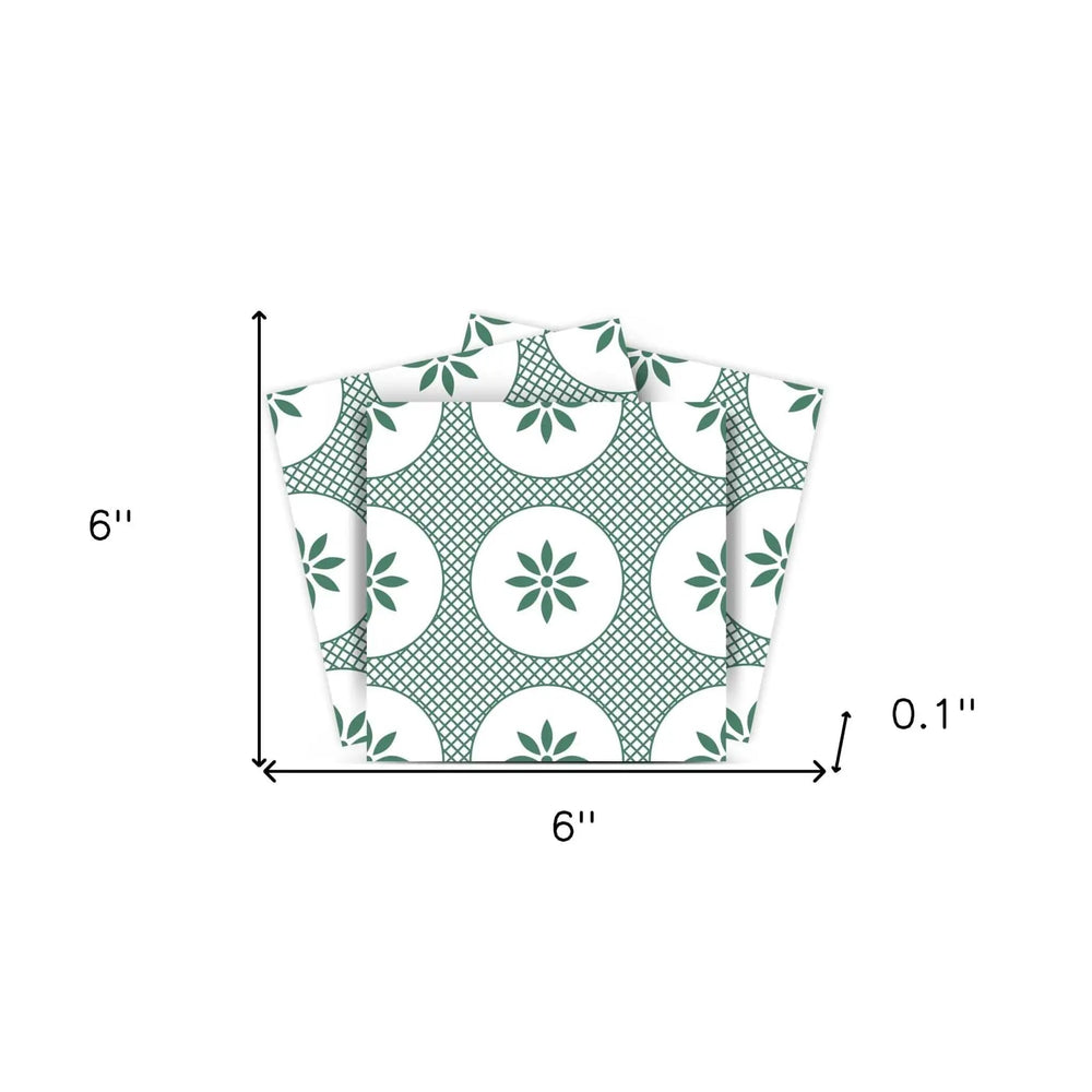 6" x 6" Light Sage And White Circle Flower Peel and Stick Removable Tiles - Homeroots