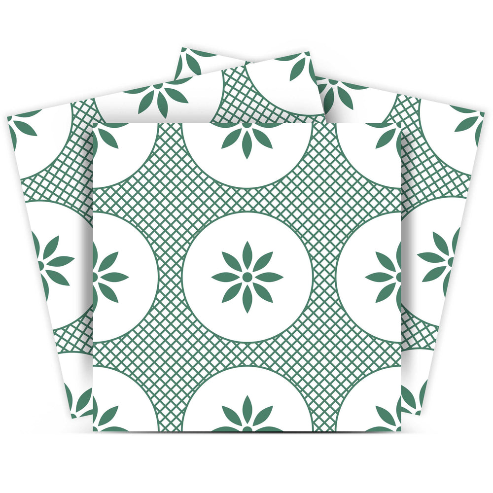 7" x 7" Light Sage And White Circle Flower Peel and Stick Removable Tiles - Homeroots