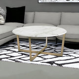 36" White And Gold Faux Marble Round Coffee Table - Homeroots - Flyclothing LLC