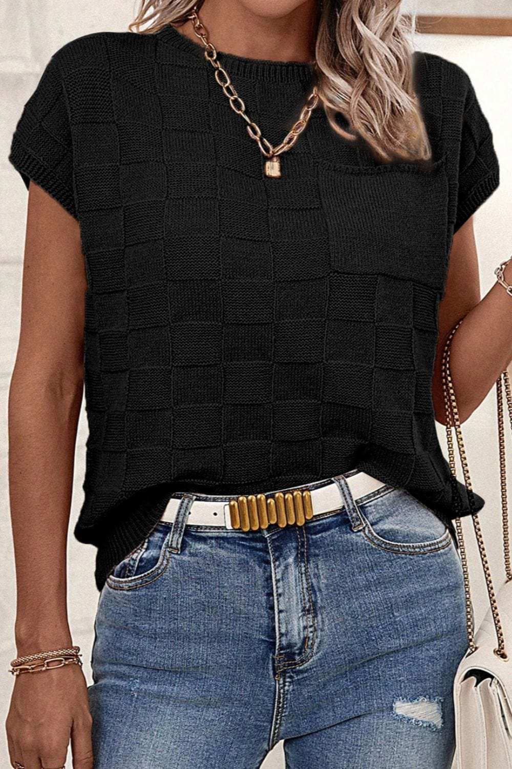 Pocketed Checkered Round Neck Knit Top - Trendsi - Flyclothing LLC