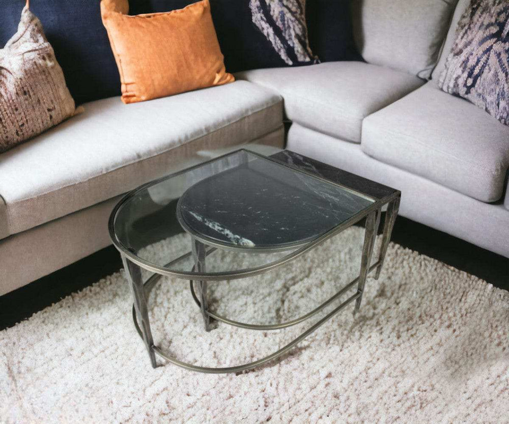 Set of 2 Black Marble Top and Glass Coffee Tables - Homeroots - Flyclothing LLC