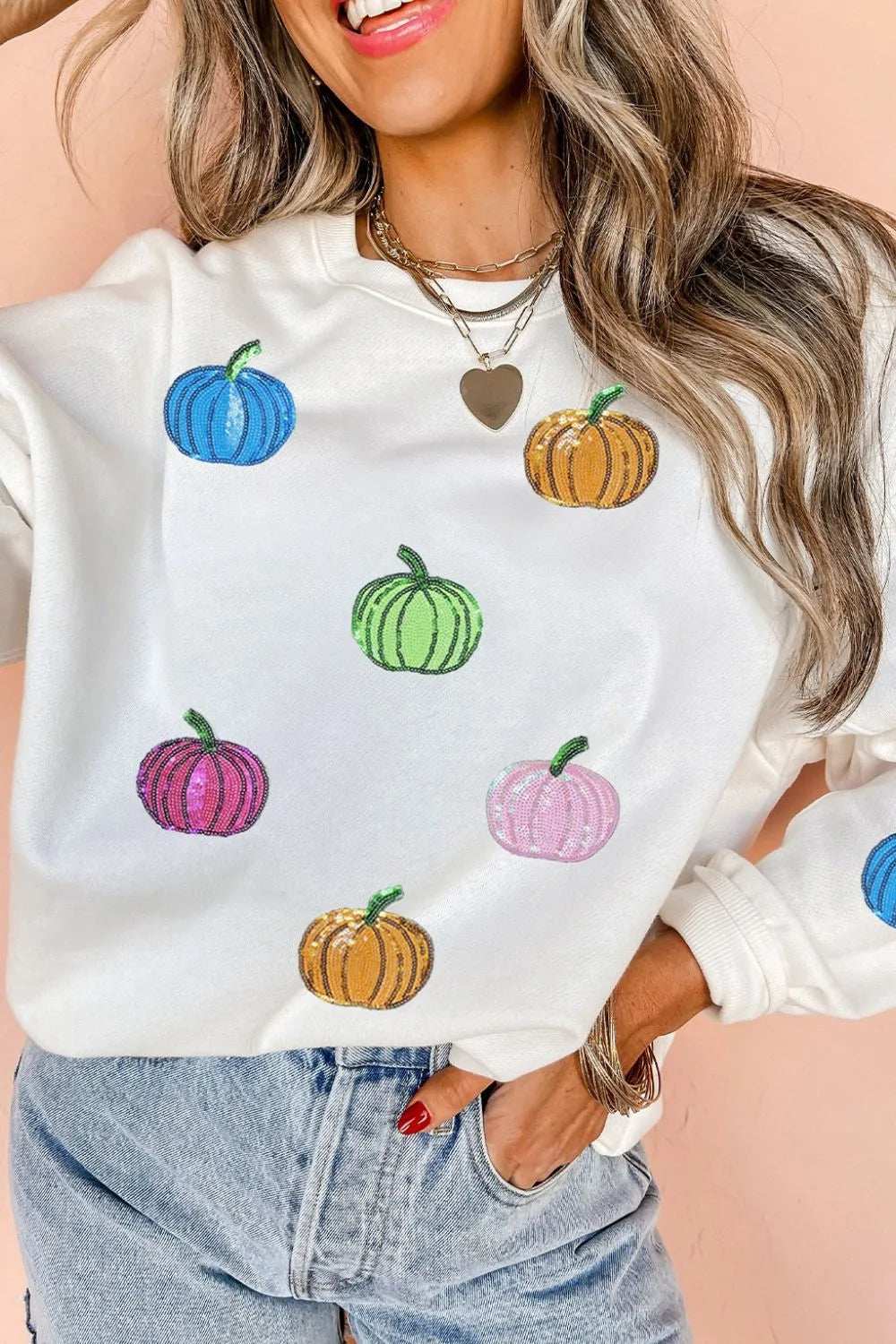 Pumpkin Round Neck Long Sleeve Sweatshirt - Trendsi - Flyclothing LLC
