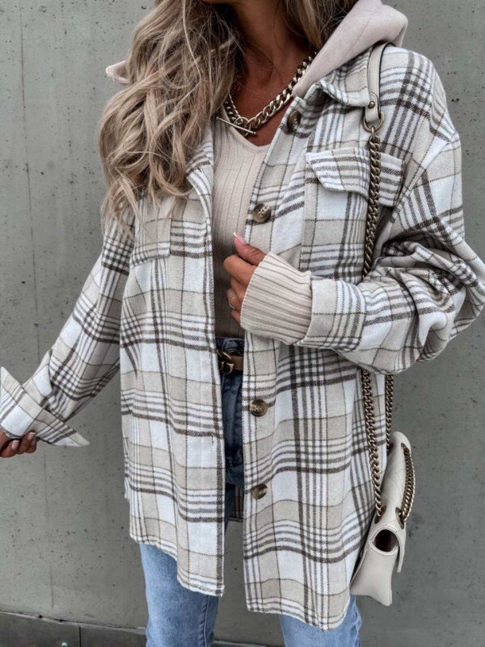 Plaid Button Up Jacket with Removable Hood - Trendsi - Flyclothing LLC