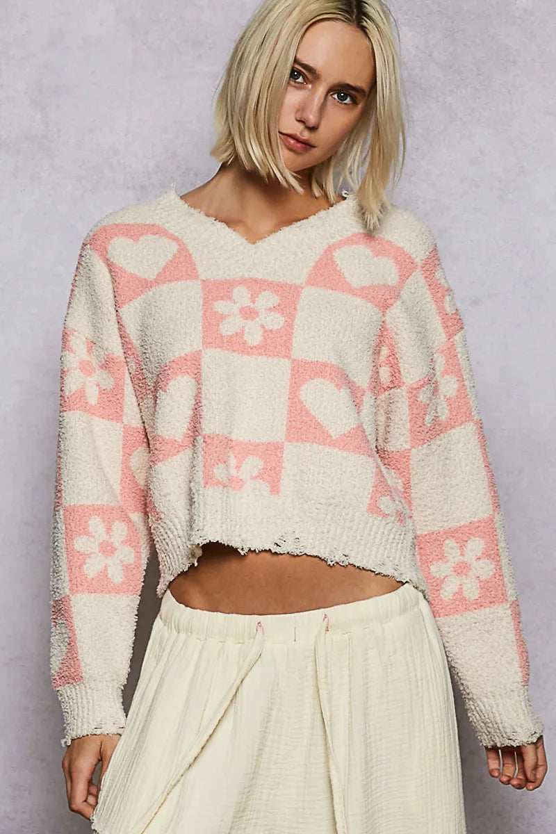 POL V-Neck Heart Pattern Checkered Sweater - Trendsi - Flyclothing LLC