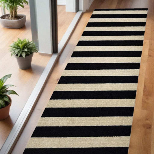 2' X 6' Black and Tan Wide Stripe Washable Runner Rug - Homeroots - Flyclothing LLC