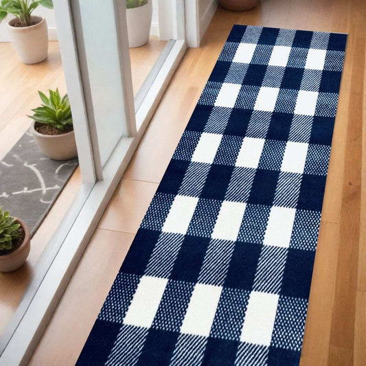 2' X 6' Navy and White Buffalo Plaid Washable Runner Rug - Homeroots - Flyclothing LLC