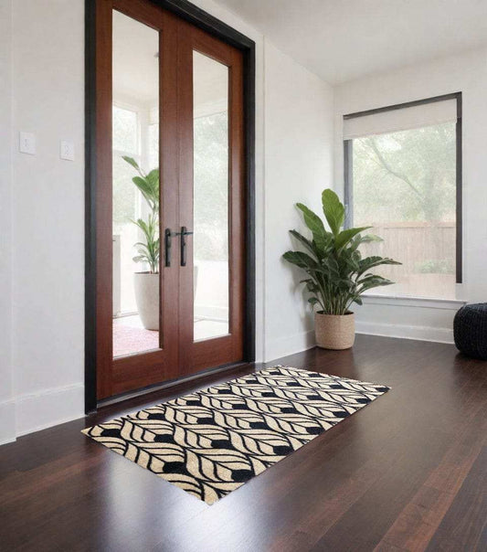 2' X 4' Graphite and Tan Abstract Leaves Washable Floor Mat - Homeroots - Flyclothing LLC