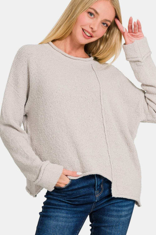 Zenana Asymmetric Hem Drop Shoulder Sweater - Trendsi - Flyclothing LLC