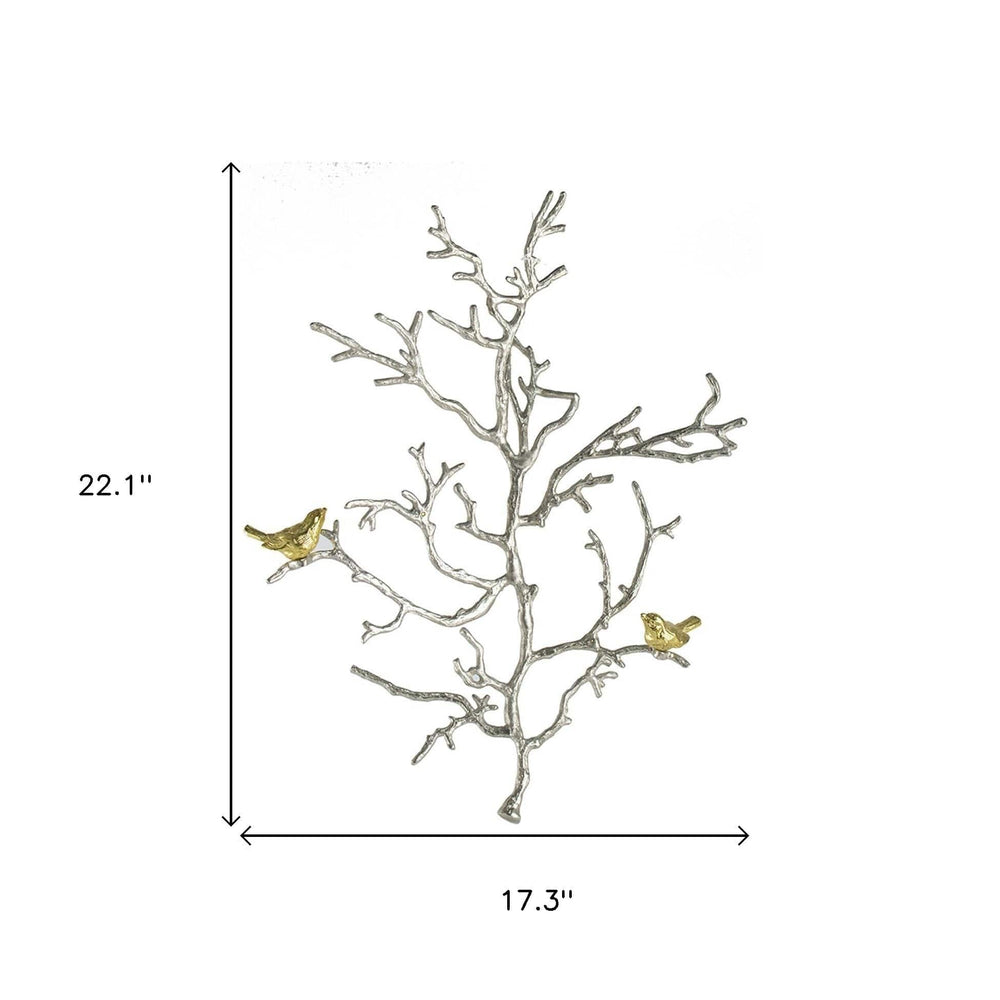 Modern 22" Silver Branch and Golden Birds Wall Art - Homeroots