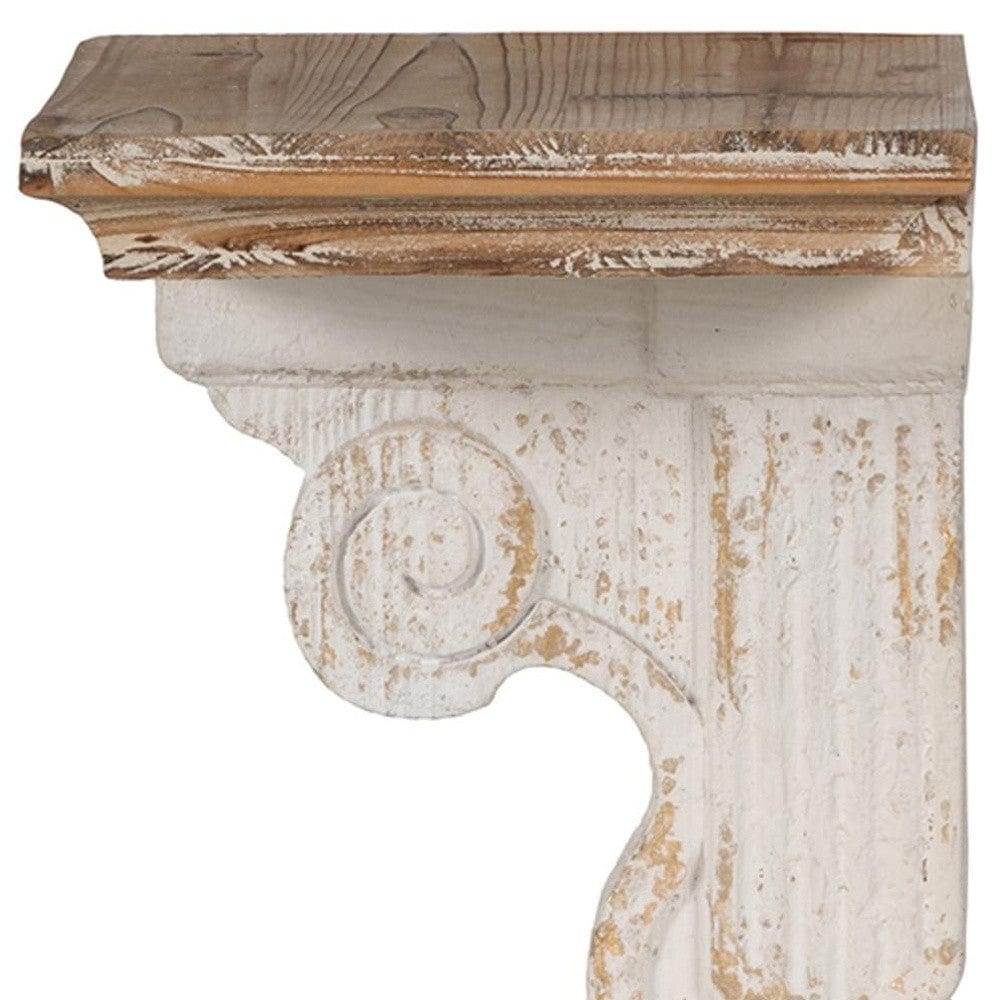 11" X 14" White and Natural Distressed Wood Corbel Style Wall Shelf - Homeroots
