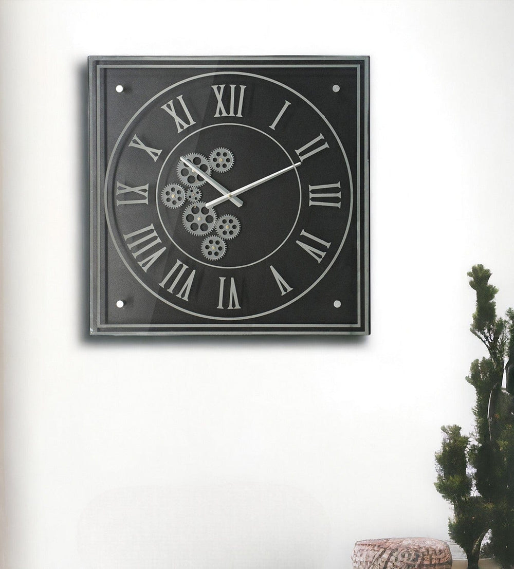 24" Black and Silver Vintage Style Gears Square Wall Clock - Homeroots - Flyclothing LLC