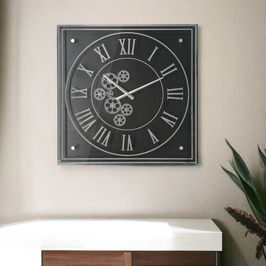 24" Black and Silver Vintage Style Gears Square Wall Clock - Homeroots