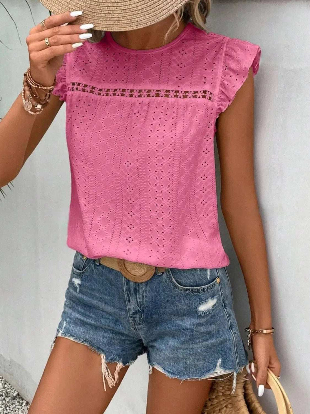 Eyelet Round Neck Cap Sleeve Top - Trendsi - Flyclothing LLC