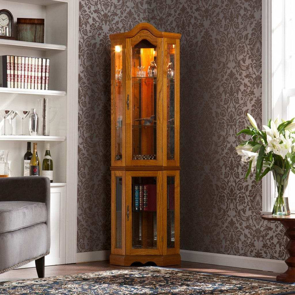 Golden Oak Scallop Top Lighted Corner Curio Cabinet - Homeroots - Flyclothing LLC