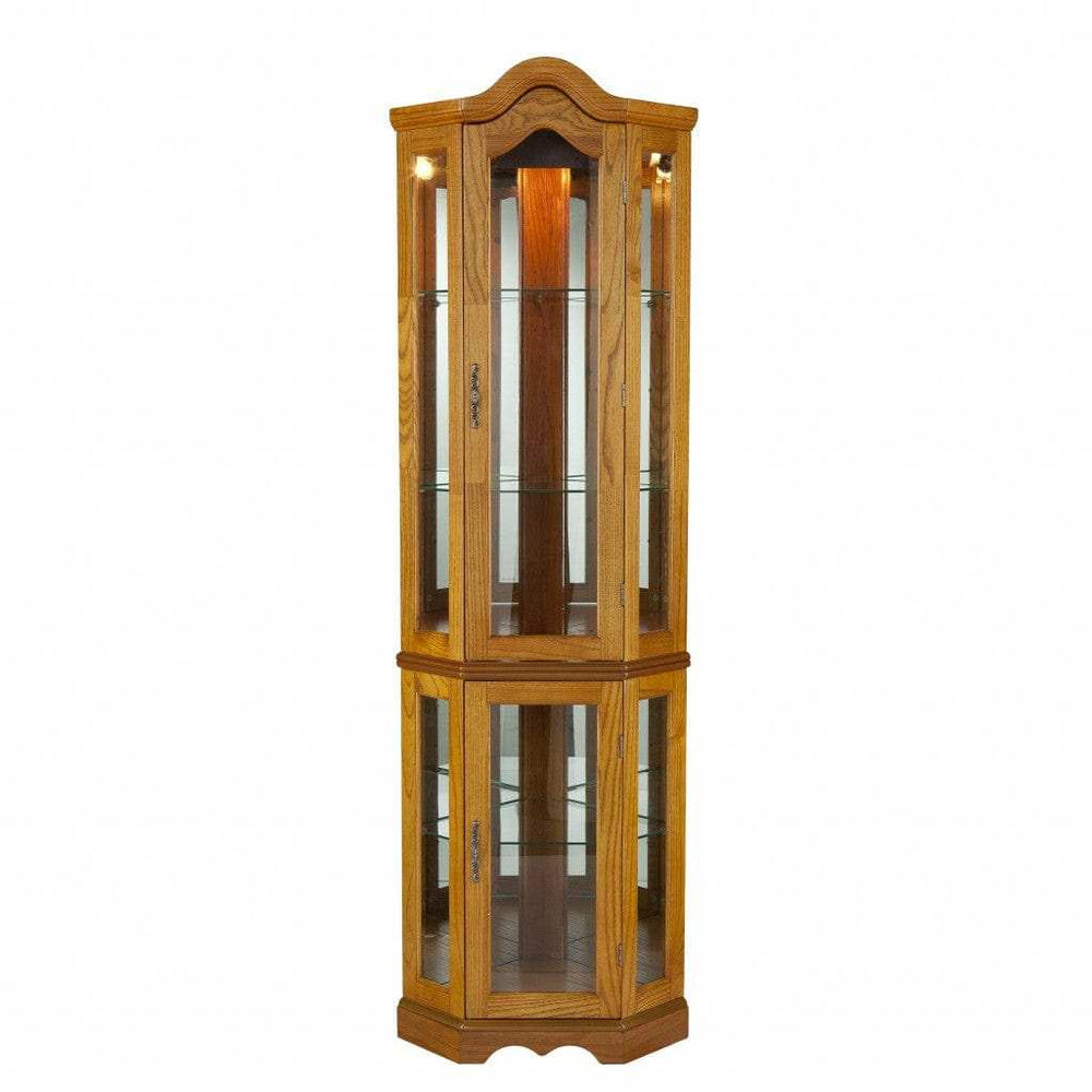 Golden Oak Scallop Top Lighted Corner Curio Cabinet - Homeroots - Flyclothing LLC