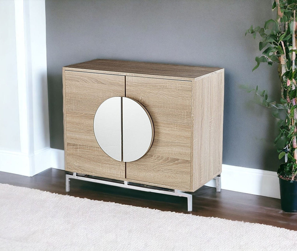 32" Natural and Chrome Mirrored Circle Double Door Bar Cabinet - Homeroots - Flyclothing LLC
