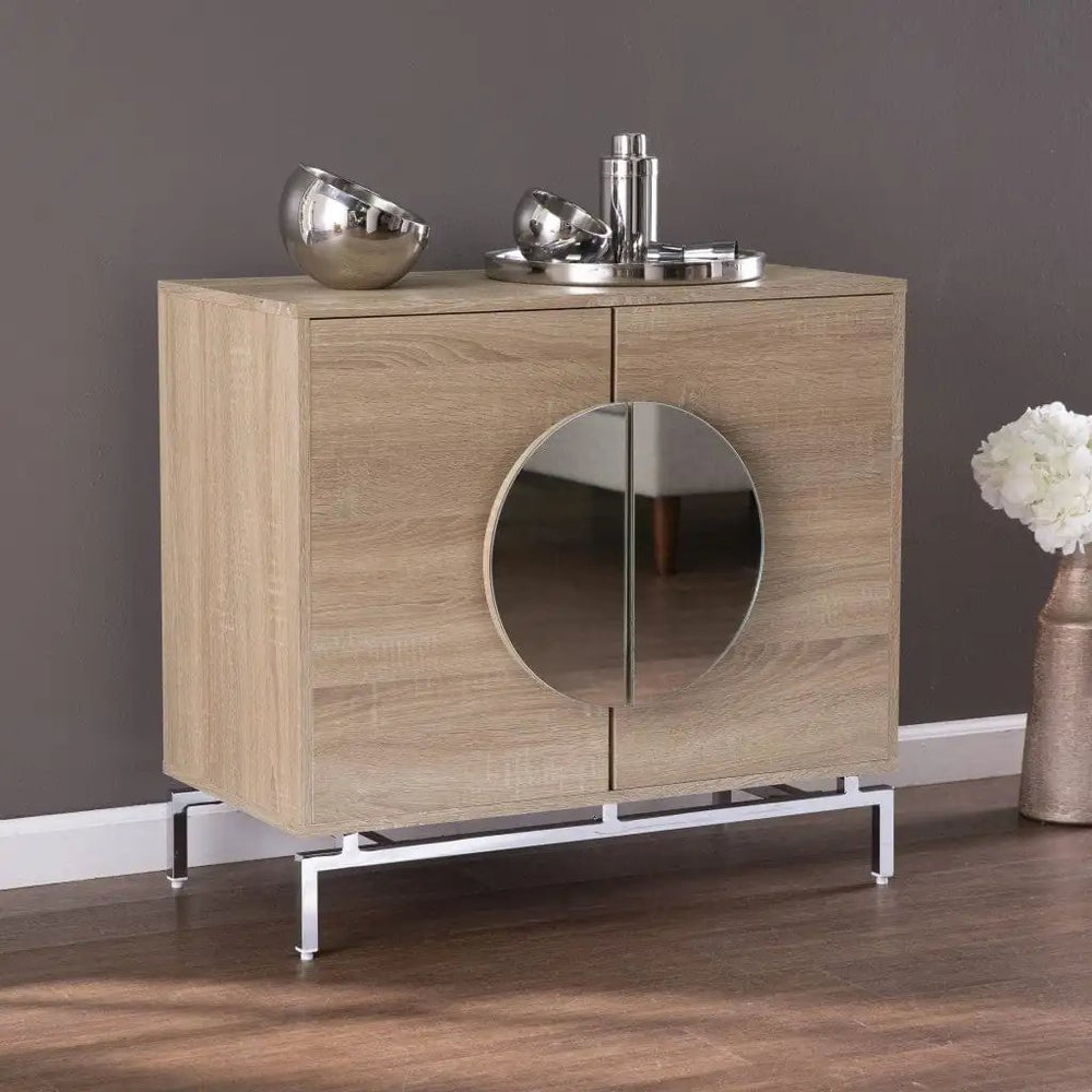32" Natural and Chrome Mirrored Circle Double Door Bar Cabinet - Homeroots - Flyclothing LLC