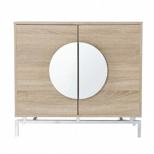 32" Natural and Chrome Mirrored Circle Double Door Bar Cabinet - Homeroots