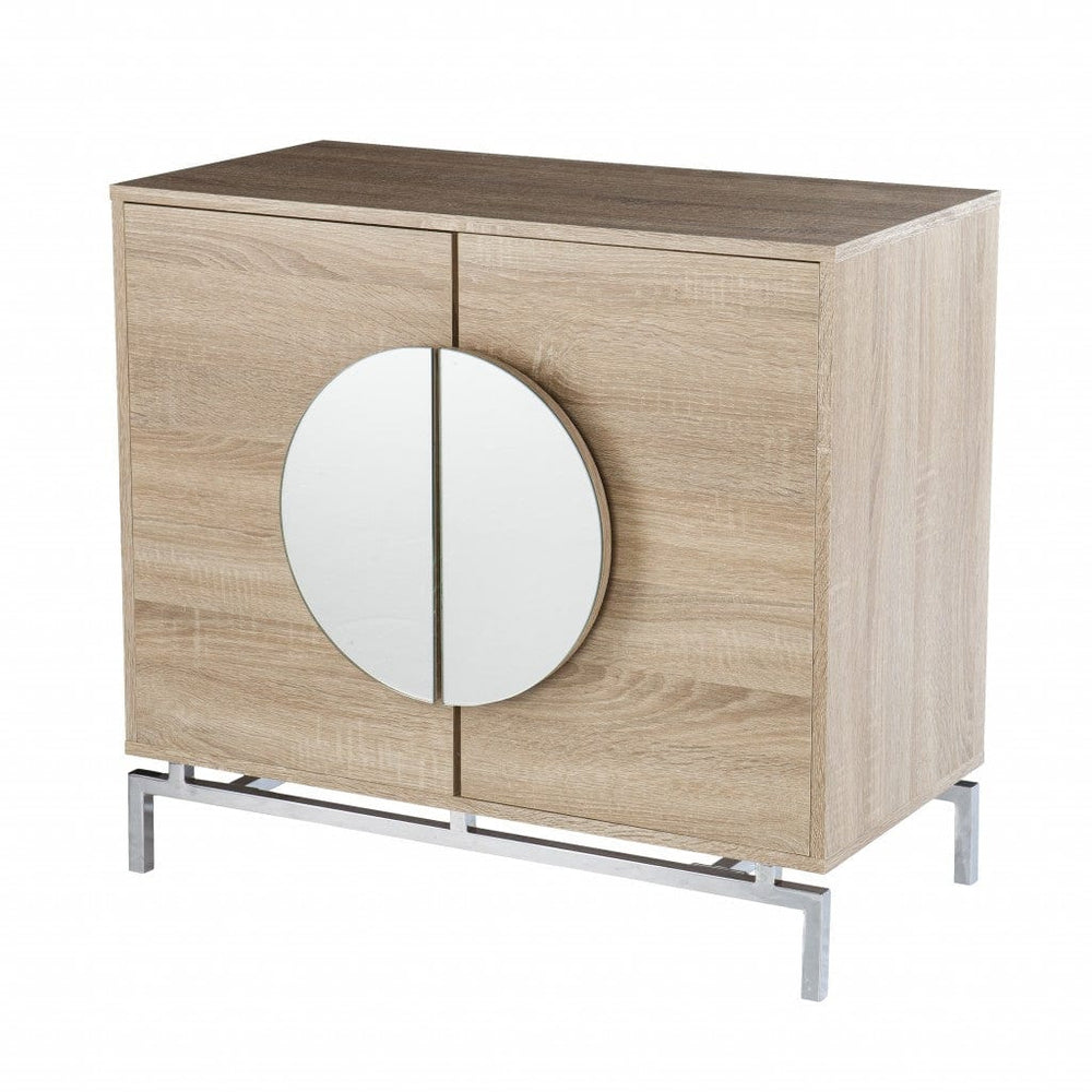 32" Natural and Chrome Mirrored Circle Double Door Bar Cabinet - Homeroots - Flyclothing LLC