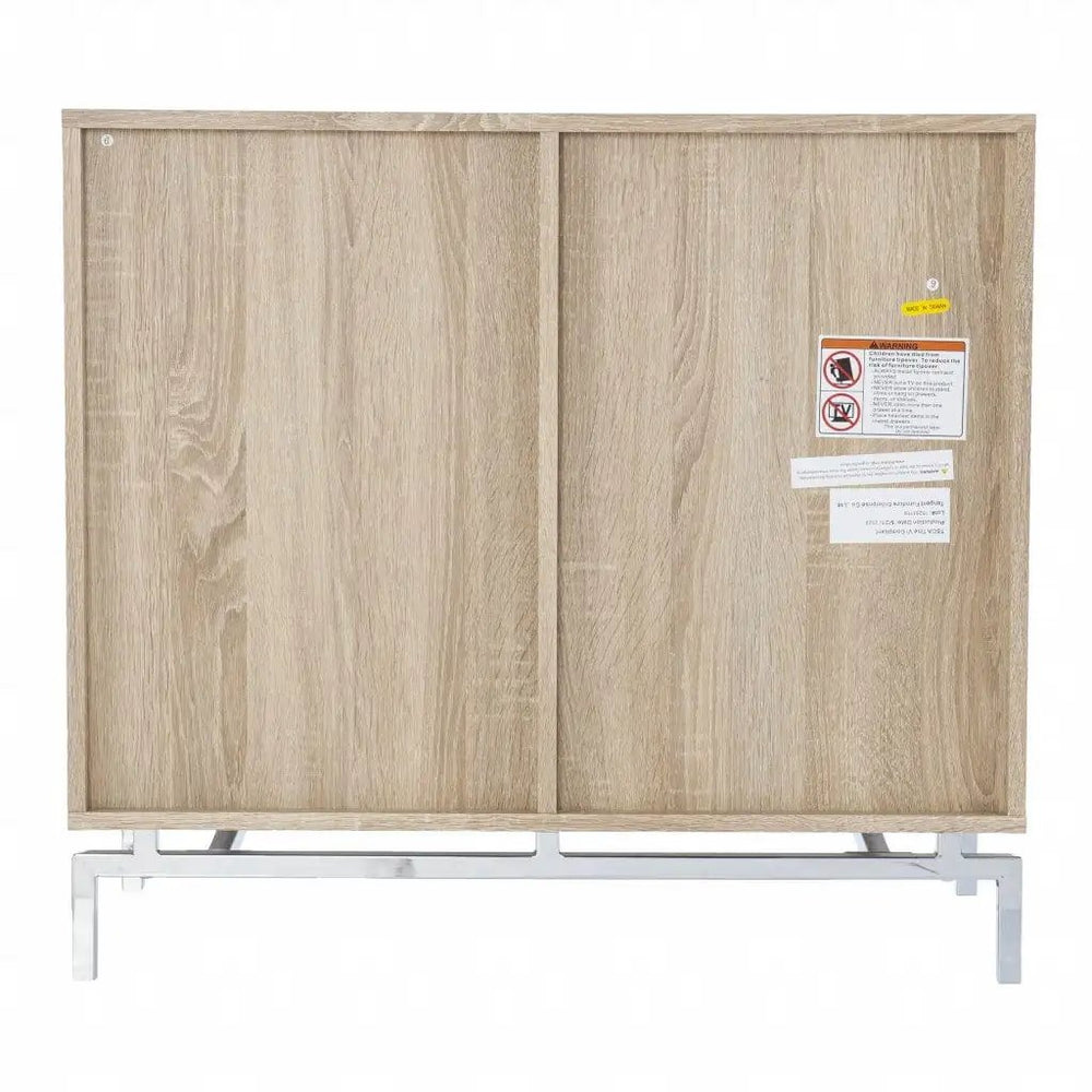 32" Natural and Chrome Mirrored Circle Double Door Bar Cabinet - Homeroots - Flyclothing LLC