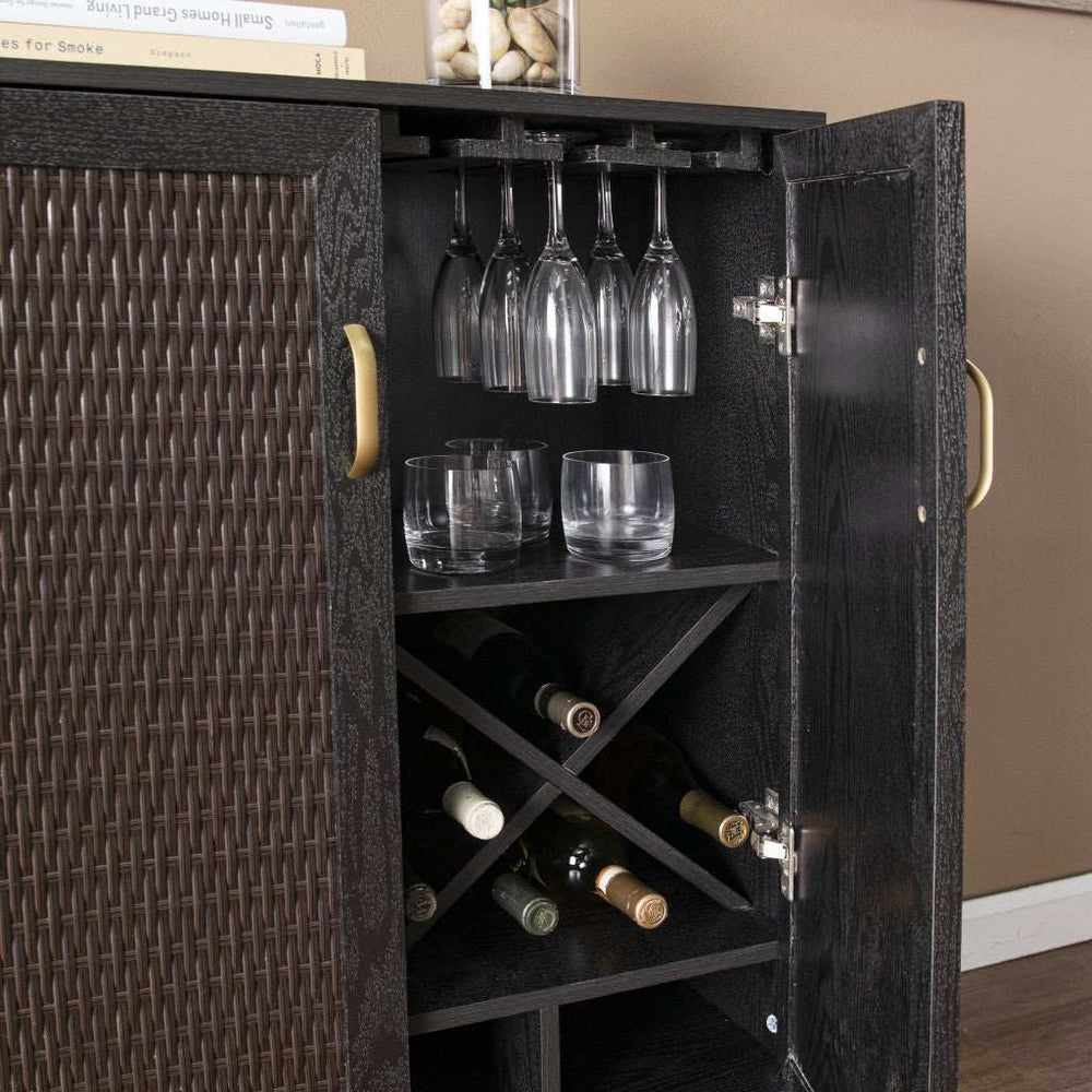 Modern Rustic Black Gold and Faux Rattan Bar Cabinet - Homeroots - Flyclothing LLC