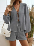 Tied Long Sleeve Top and Shorts Set - Trendsi - Flyclothing LLC
