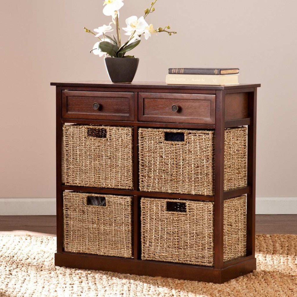 Mahogany and Seagrass Basket Storage Shelving Unit - Homeroots - Flyclothing LLC
