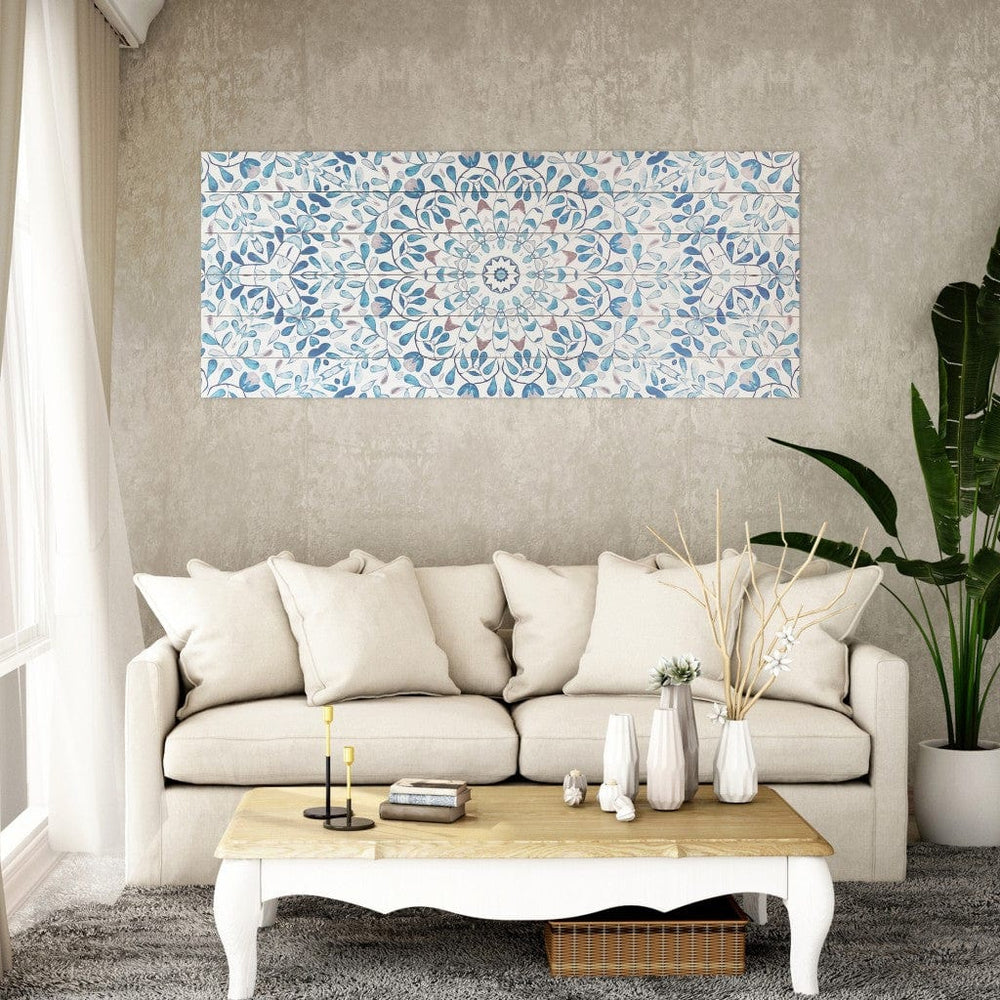 19" X 45" Shades of Blue Ornate Floral Medallion Wood Plank Wall Art - Homeroots - Flyclothing LLC