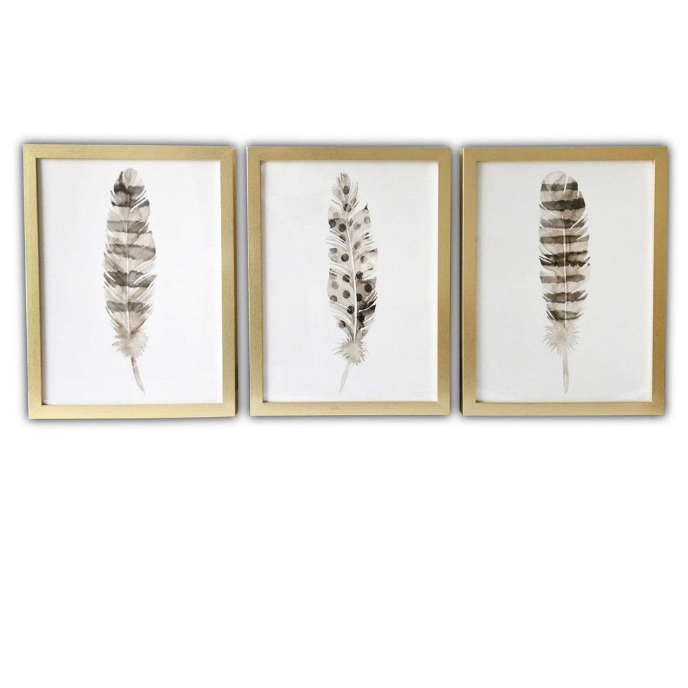 Set Of Three Three Neutral Brown Feathers Framed Wall Art Set Picture Frame Graphic Art Wall Art - Homeroots - Flyclothing LLC