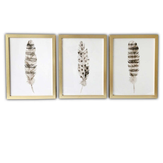 Set Of Three Three Neutral Brown Feathers Framed Wall Art Set Picture Frame Graphic Art Wall Art - Homeroots - Flyclothing LLC