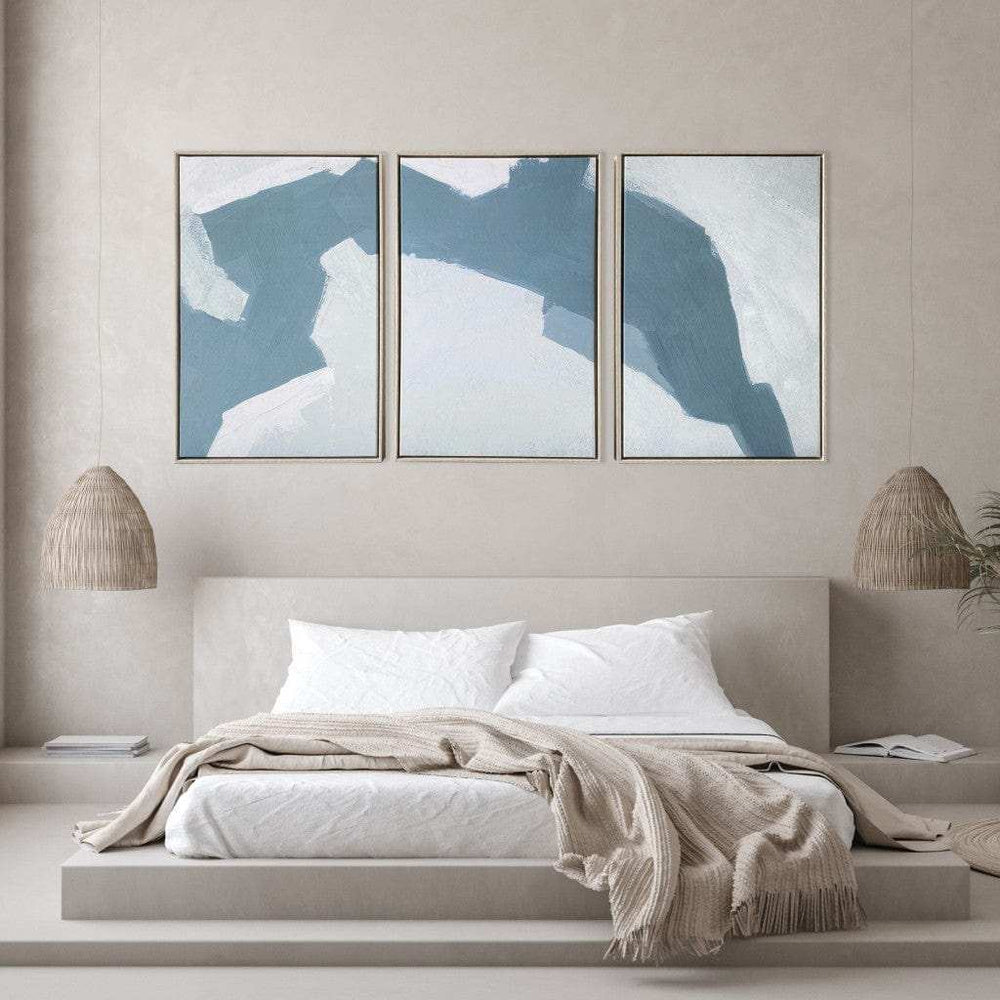 Set Of Three Blues and Grays Abstract Framed Canvas Wall Art Floater Frame Graphic Art Wall Art - Homeroots - Flyclothing LLC