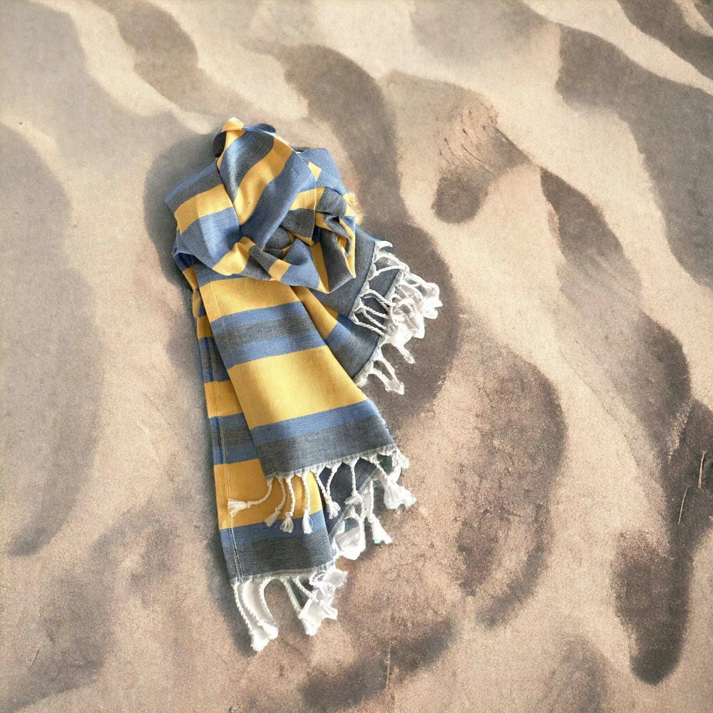 Denim Blue and Yellow Striped Turkish Towel Beach Blanket - Homeroots - Flyclothing LLC