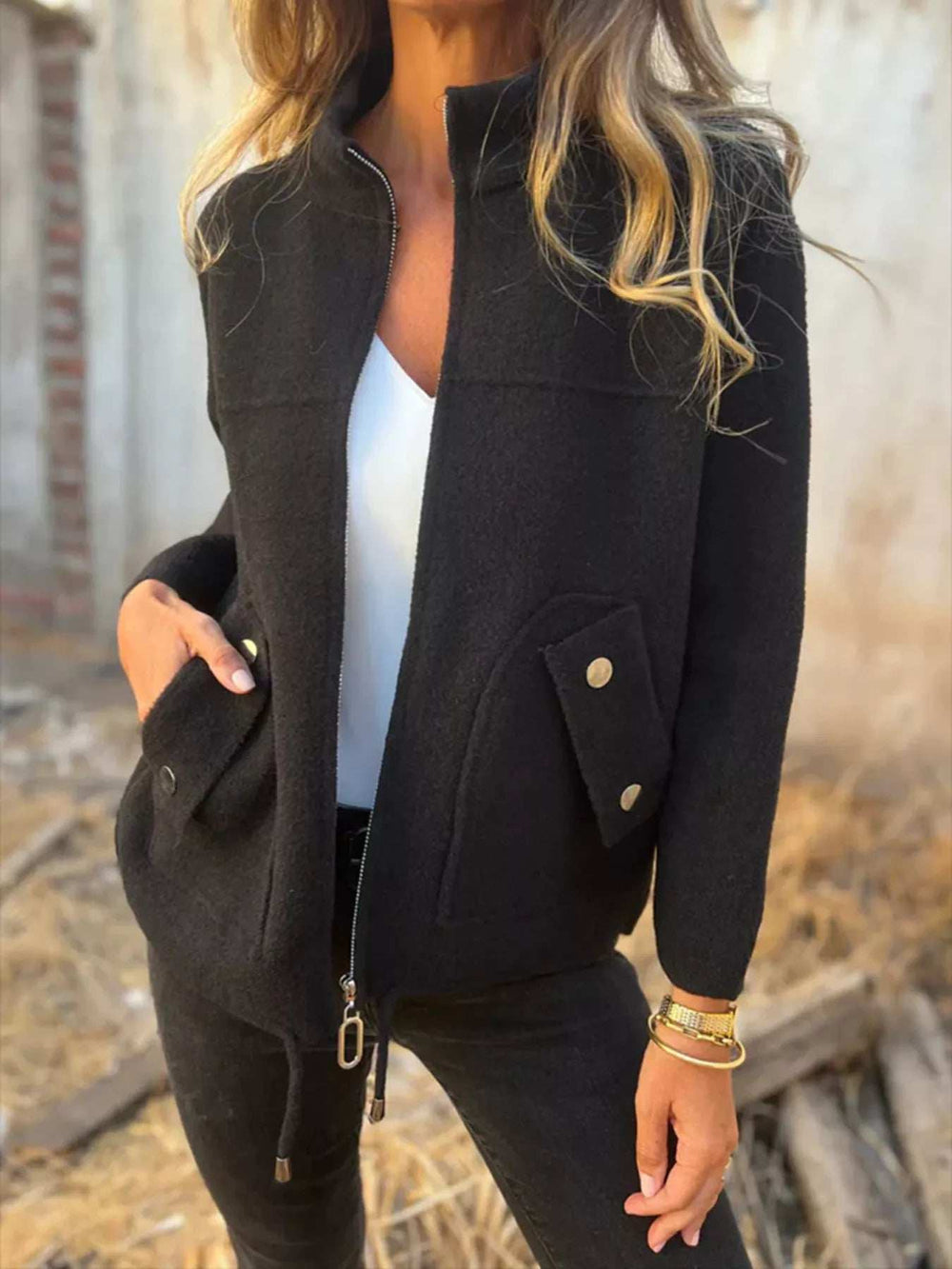 Full Size Textured Knit Zip Up Outerwear Plus Size - Trendsi - Flyclothing LLC